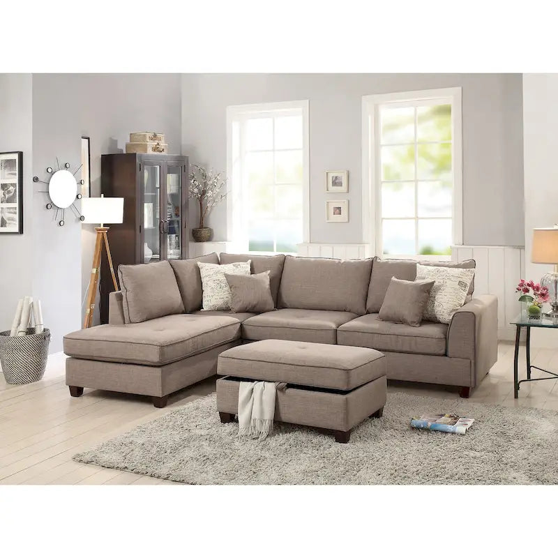Bobkona Polyfabric Reversible Chaise Sectional with Storage Ottoman set.
