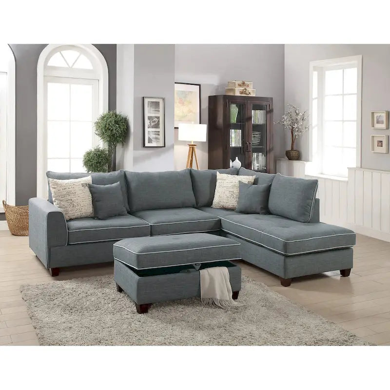 Bobkona Polyfabric Reversible Chaise Sectional with Storage Ottoman set.