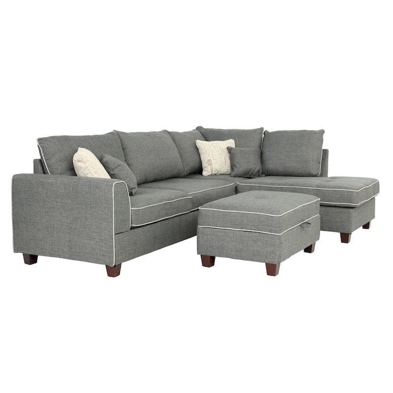Bobkona Polyfabric Reversible Chaise Sectional with Storage Ottoman set.