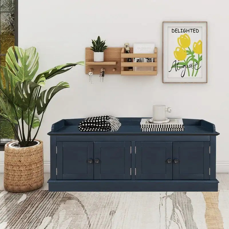 Entrance living room storage stool with removable mat and locker, 4 doors and adjustable shelves