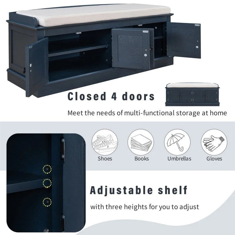 Entrance living room storage stool with removable mat and locker, 4 doors and adjustable shelves