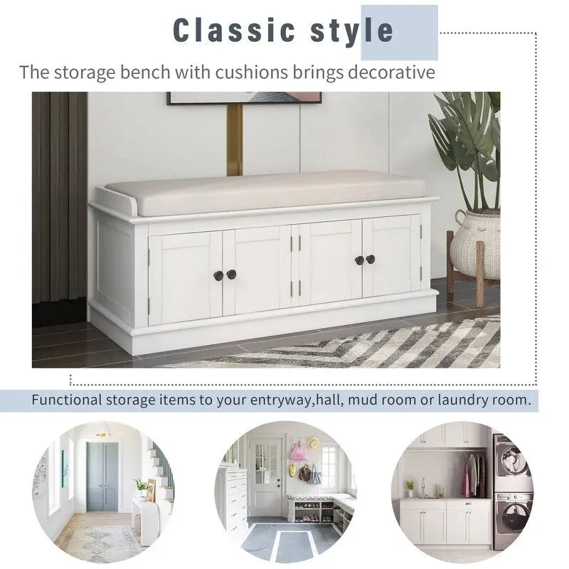 Entrance living room storage stool with removable mat and locker, 4 doors and adjustable shelves