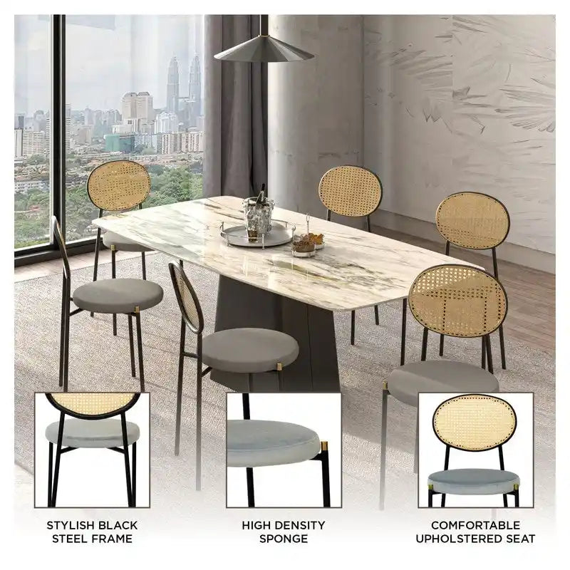 Euston Set of 2 Modern Dining Chair with Wicker Back & Upholstered Velvet Seat for Home Office Living Room & Kitchen