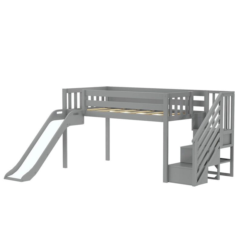 Max and Lily Classic Twin Low Loft with Stairs, Easy Slide and Curtain