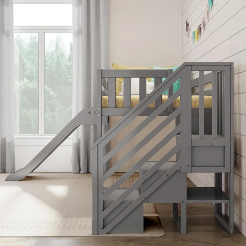 Max and Lily Classic Twin Low Loft with Stairs, Easy Slide and Curtain