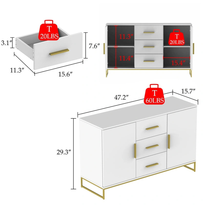 47 Buffet Credenza with Double Doors and 3 Drawers - 47.2L