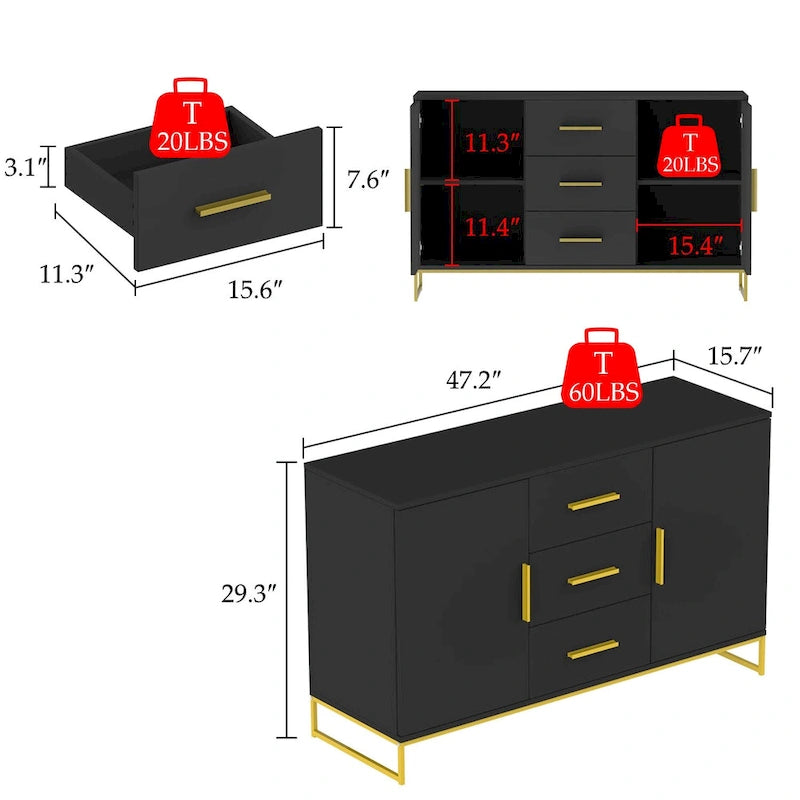 47 Buffet Credenza with Double Doors and 3 Drawers - 47.2L