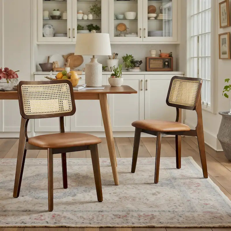 Art Leon Cane Backrest Leather Dining Chairs (Set of 2)