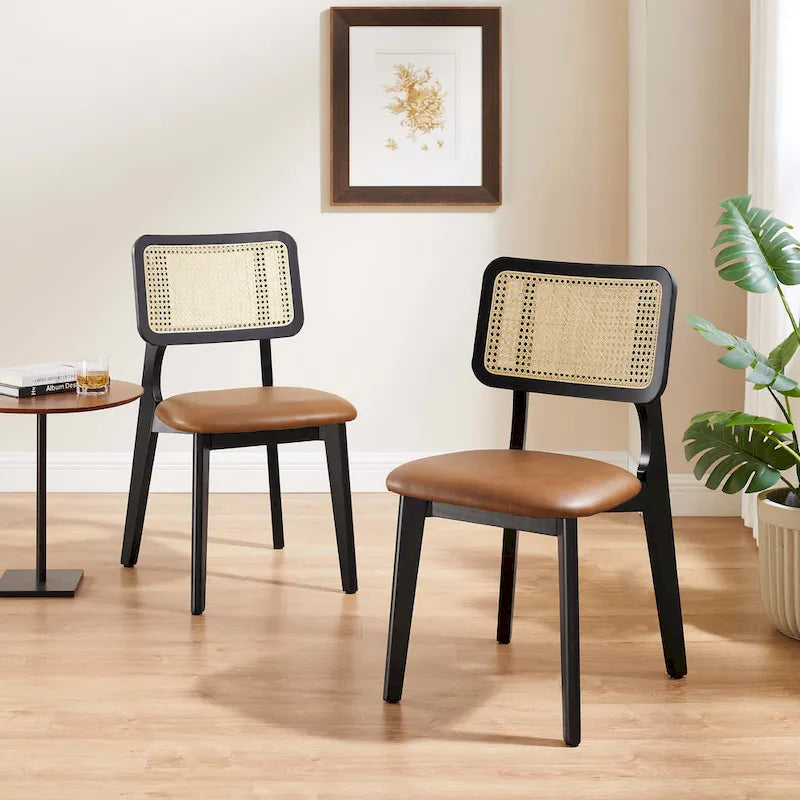 Art Leon Cane Backrest Leather Dining Chairs (Set of 2)