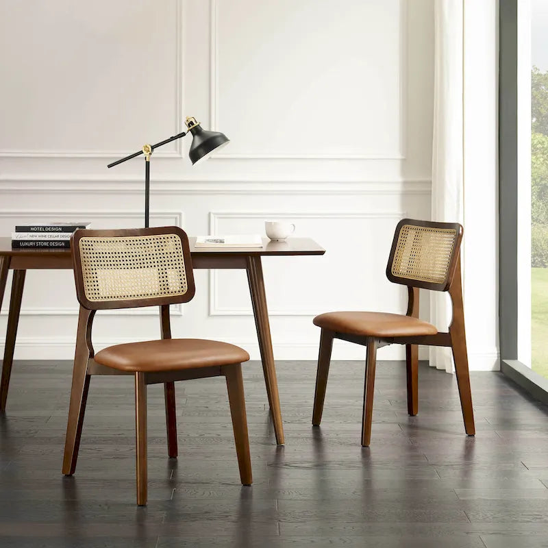 Art Leon Cane Backrest Leather Dining Chairs (Set of 2)