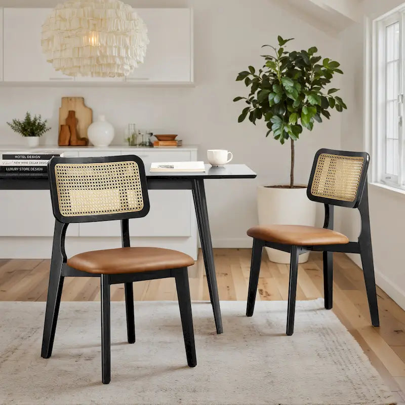 Art Leon Cane Backrest Leather Dining Chairs (Set of 2)