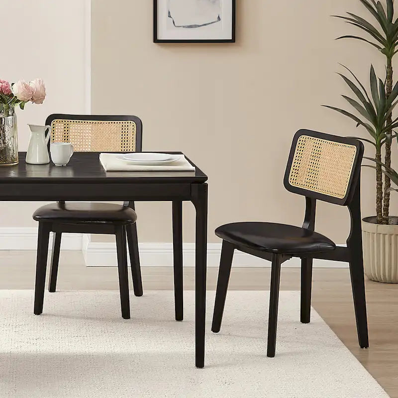 Art Leon Cane Backrest Leather Dining Chairs (Set of 2)