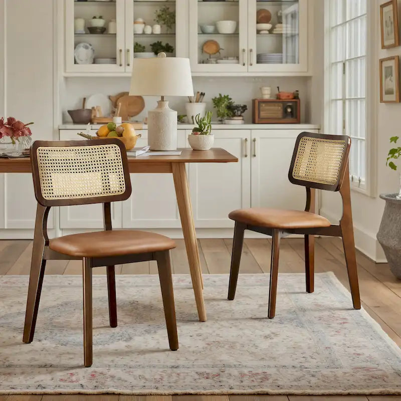 Art Leon Cane Backrest Leather Dining Chairs (Set of 2)
