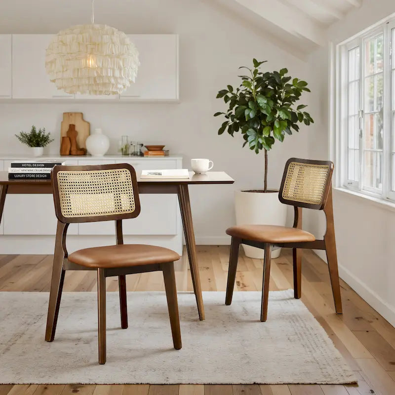 Art Leon Cane Backrest Leather Dining Chairs (Set of 2)