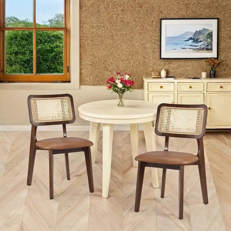 Art Leon Cane Backrest Leather Dining Chairs (Set of 2)