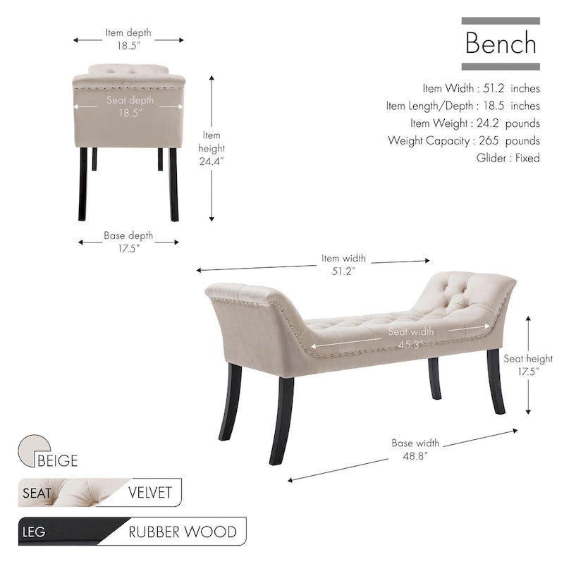 Porthos Home Sybil Tufted Velvet Accent Bench with Rubberwood Legs