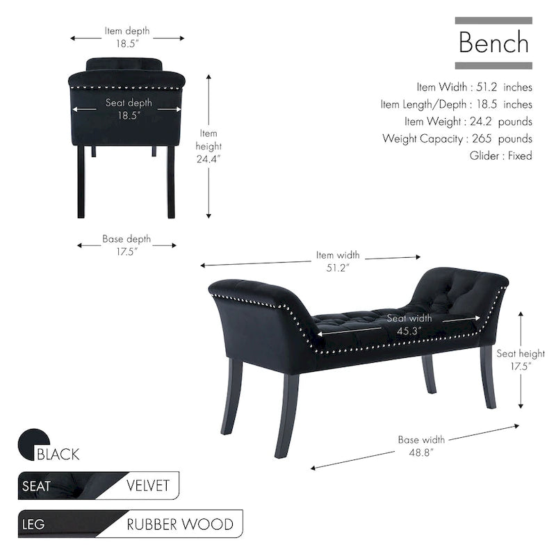 Porthos Home Sybil Tufted Velvet Accent Bench with Rubberwood Legs