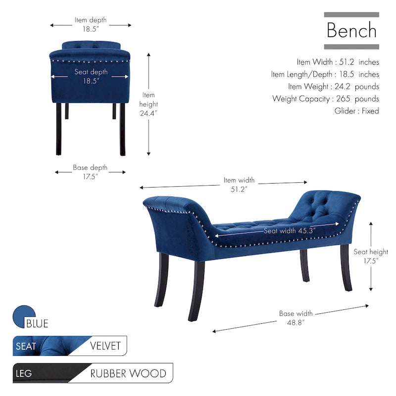 Porthos Home Sybil Tufted Velvet Accent Bench with Rubberwood Legs