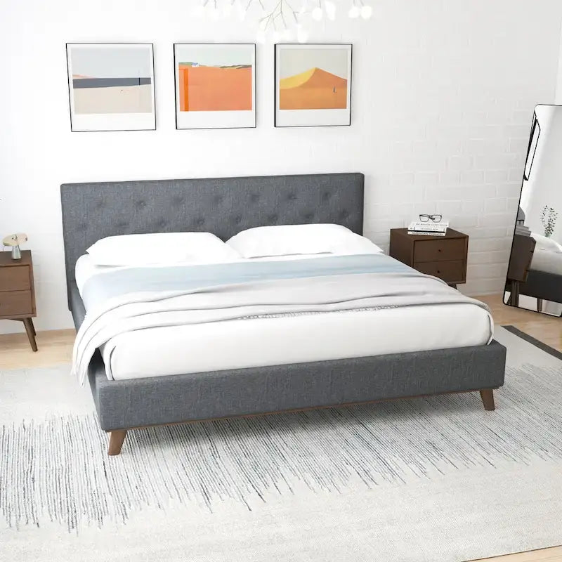 Alina Mid-Century Linen Upholstered Queen/King Platform Bed