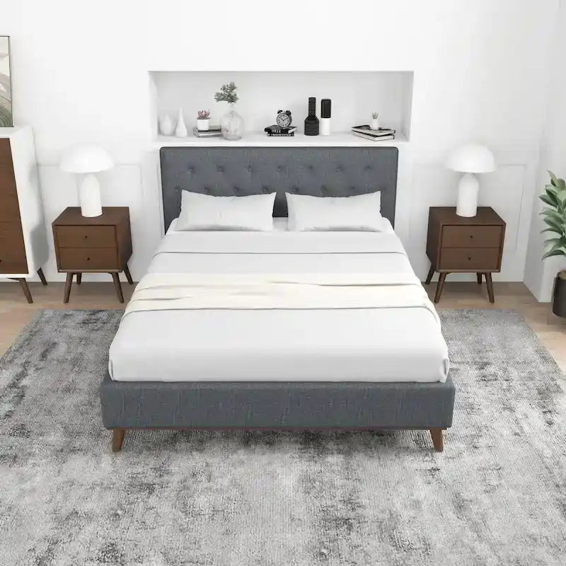 Alina Mid-Century Linen Upholstered Queen/King Platform Bed