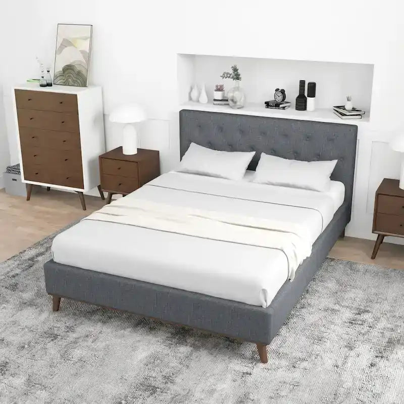Alina Mid-Century Linen Upholstered Queen/King Platform Bed