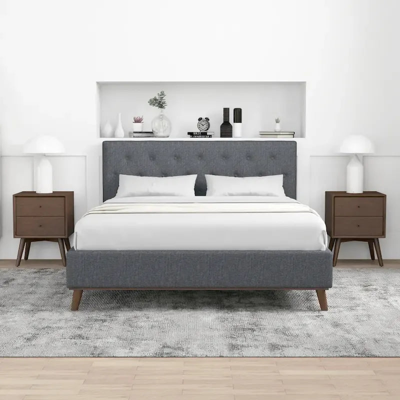 Alina Mid-Century Linen Upholstered Queen/King Platform Bed