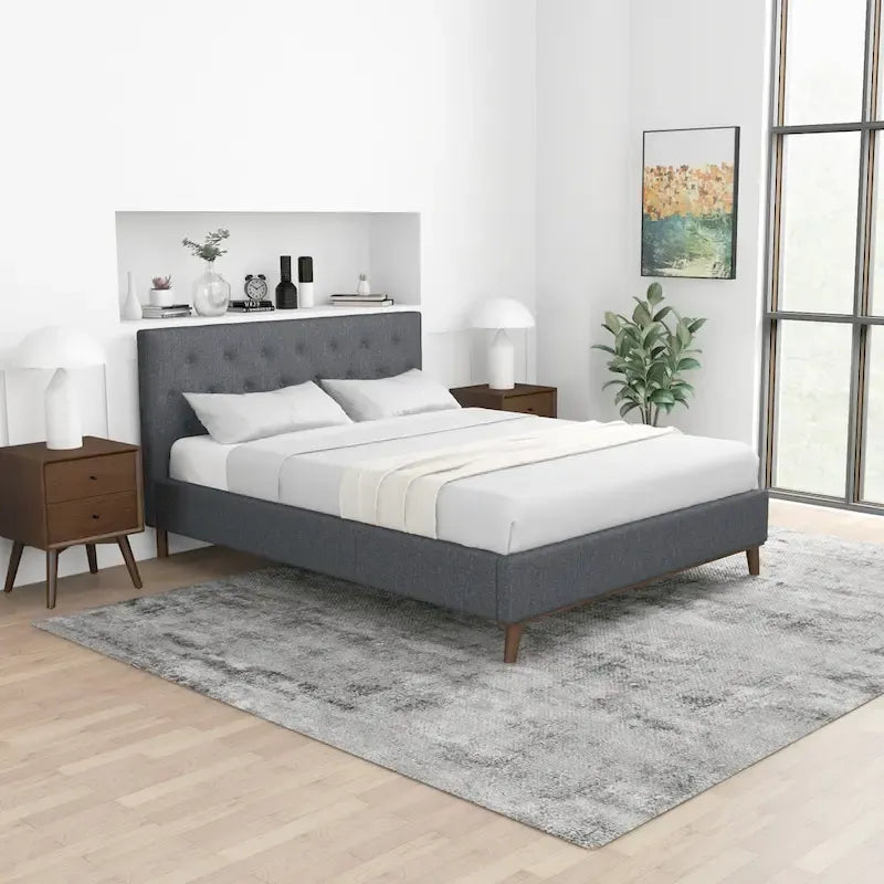 Alina Mid-Century Linen Upholstered Queen/King Platform Bed