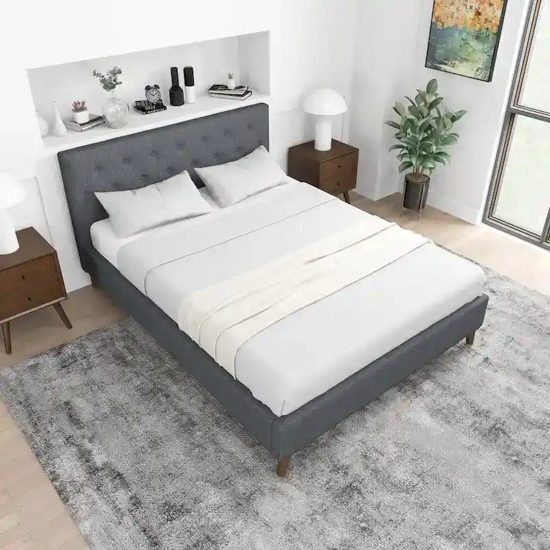 Alina Mid-Century Linen Upholstered Queen/King Platform Bed