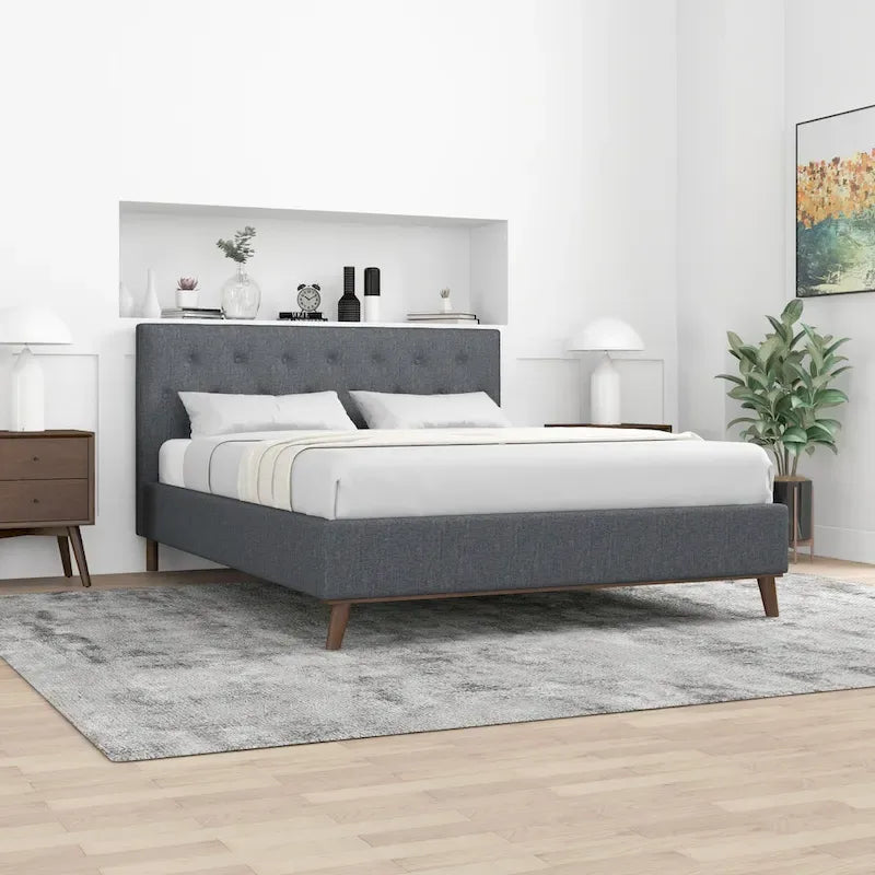 Alina Mid-Century Linen Upholstered Queen/King Platform Bed