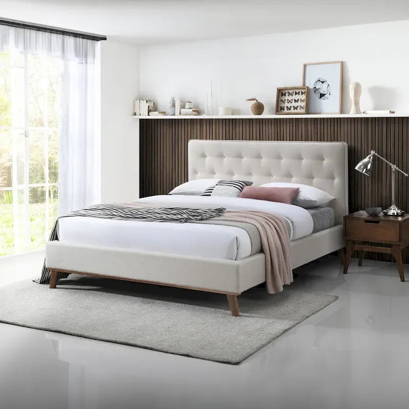 Alina Mid-Century Linen Upholstered Queen/King Platform Bed
