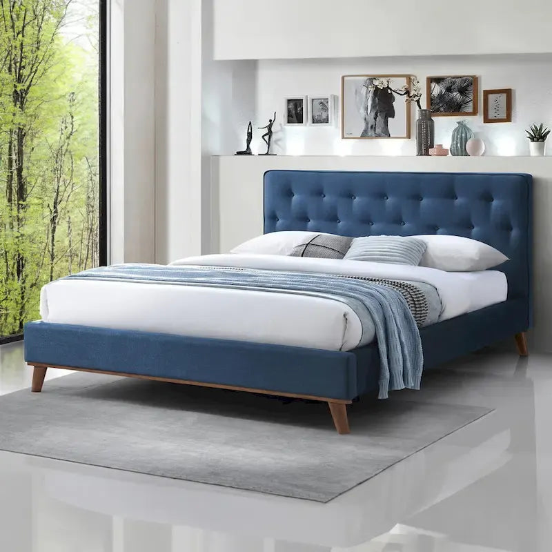 Alina Mid-Century Linen Upholstered Queen/King Platform Bed