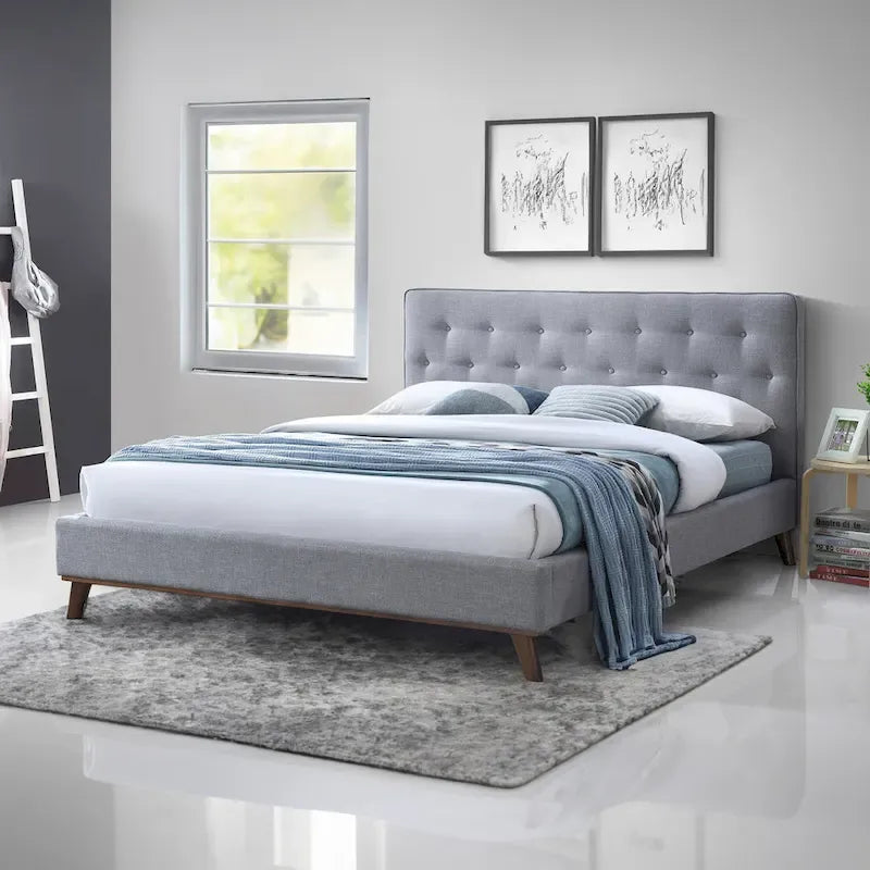 Alina Mid-Century Linen Upholstered Queen/King Platform Bed