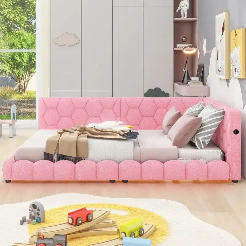 Full Size Teddy Upholstered Platform Bed with USB Ports and LED Belt