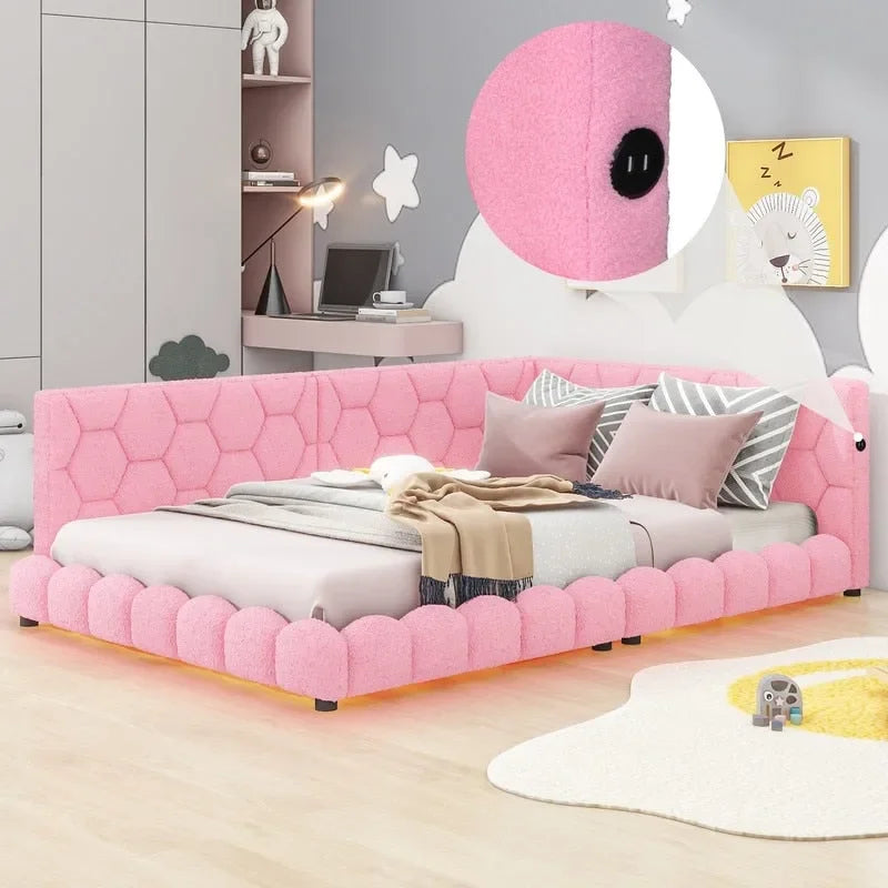 Full Size Teddy Upholstered Platform Bed with USB Ports and LED Belt