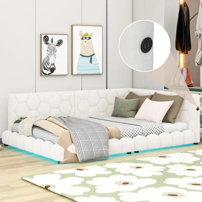 Full Size Teddy Upholstered Platform Bed with USB Ports and LED Belt