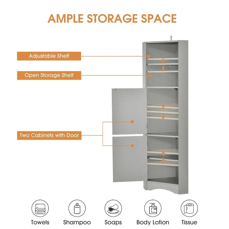 Merax Freestanding Tall Bathroom Corner Cabinet with Adjustable Shelves