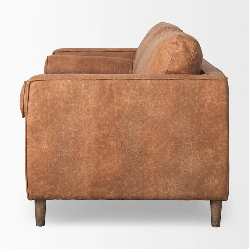 Loretta Cognac Brown Faux Leather Three Seater Sofa w/ Bolster Cushions - 87.9W x 36.2D x 33.8H