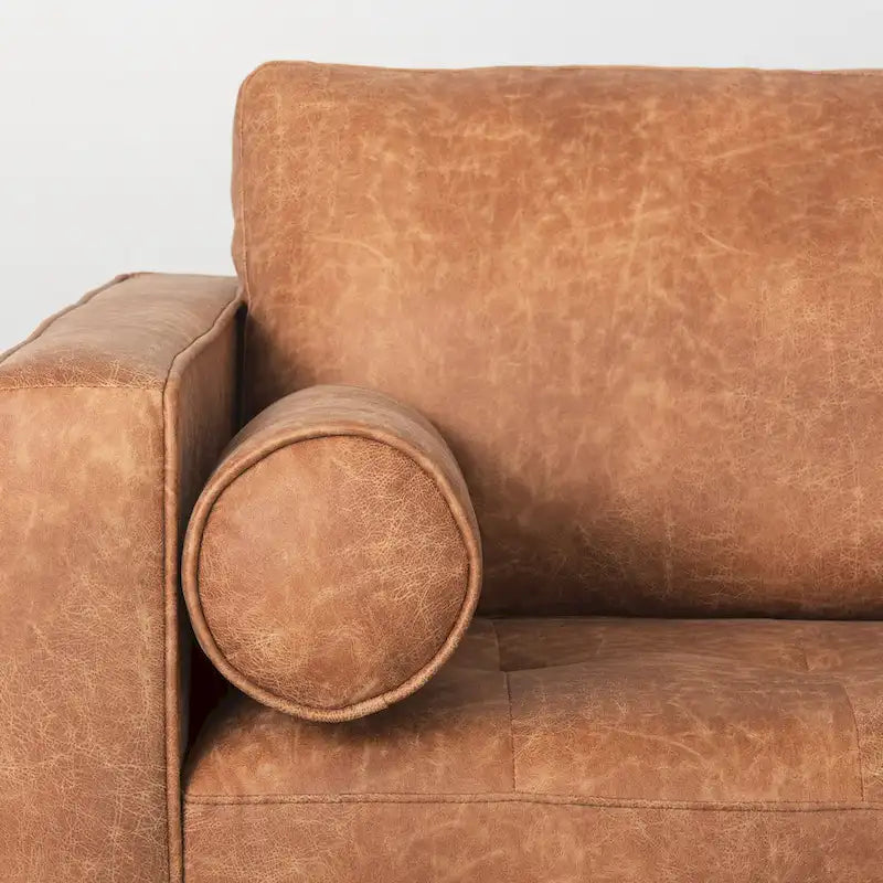 Loretta Cognac Brown Faux Leather Three Seater Sofa w/ Bolster Cushions - 87.9W x 36.2D x 33.8H