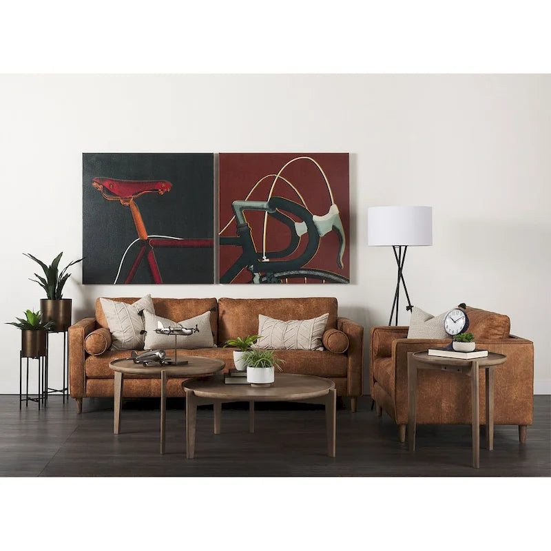 Loretta Cognac Brown Faux Leather Three Seater Sofa w/ Bolster Cushions - 87.9W x 36.2D x 33.8H