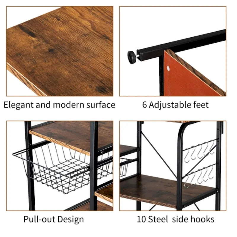 Kitchen Bakers Rack Utility Storage Shelf 4-Tier Shelf for Spice Rack Organizer Workstation with 10 Hooks