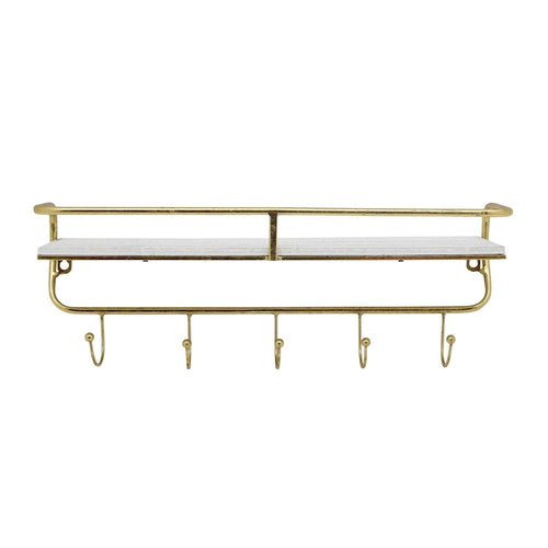 20 White and Gold Single Tier Wall Shelf with Hooks