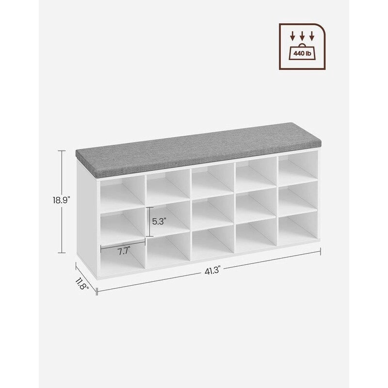 Wood Shoe Bench with Cushion, 15-Compartment Storage Organizer - 11.8D x 41.3W x 18.9H