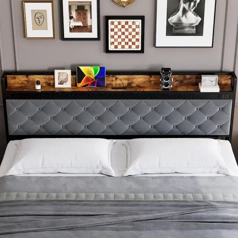 Bed Frame with RGB LED Lights Headboard & 2 Storage Drawers