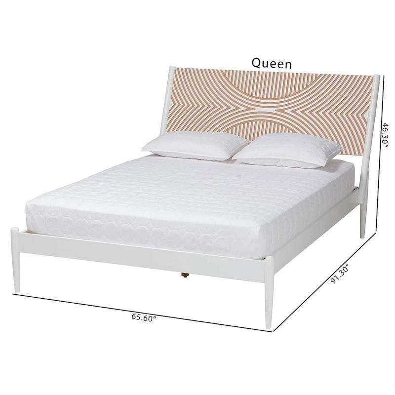 Louetta Coastal White Queen Size Platform Bed with Carved Contrasting Headboard