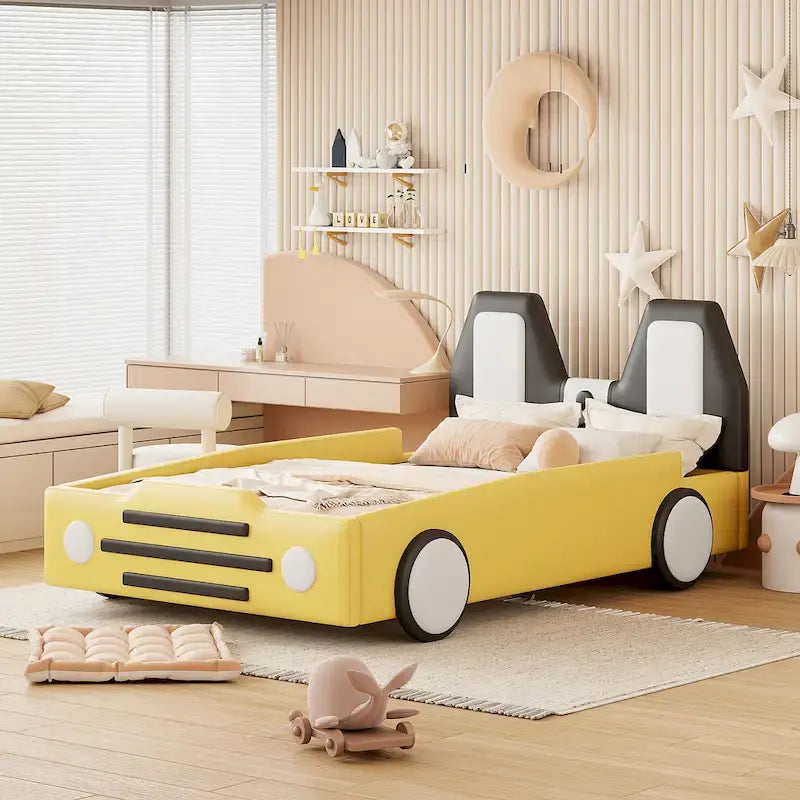Race Car-Shaped Platform Bed with Wheels