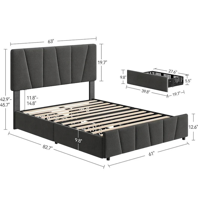 Upholstered Platform Bed Frame with Headboard and 4 Storage Drawers