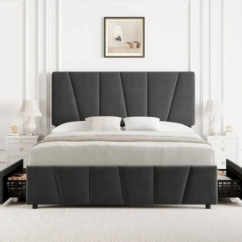 Upholstered Platform Bed Frame with Headboard and 4 Storage Drawers