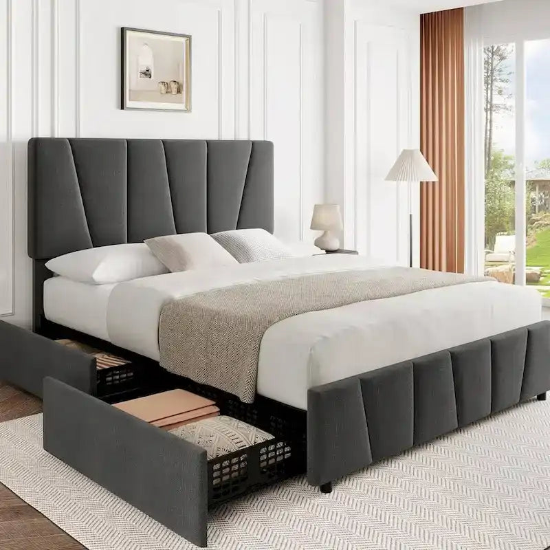 Upholstered Platform Bed Frame with Headboard and 4 Storage Drawers