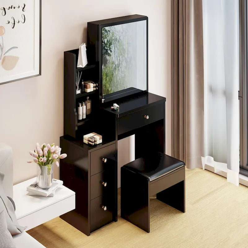 Makeup Vanity Desk Set with Sliding Mirror and Cushioned Stool