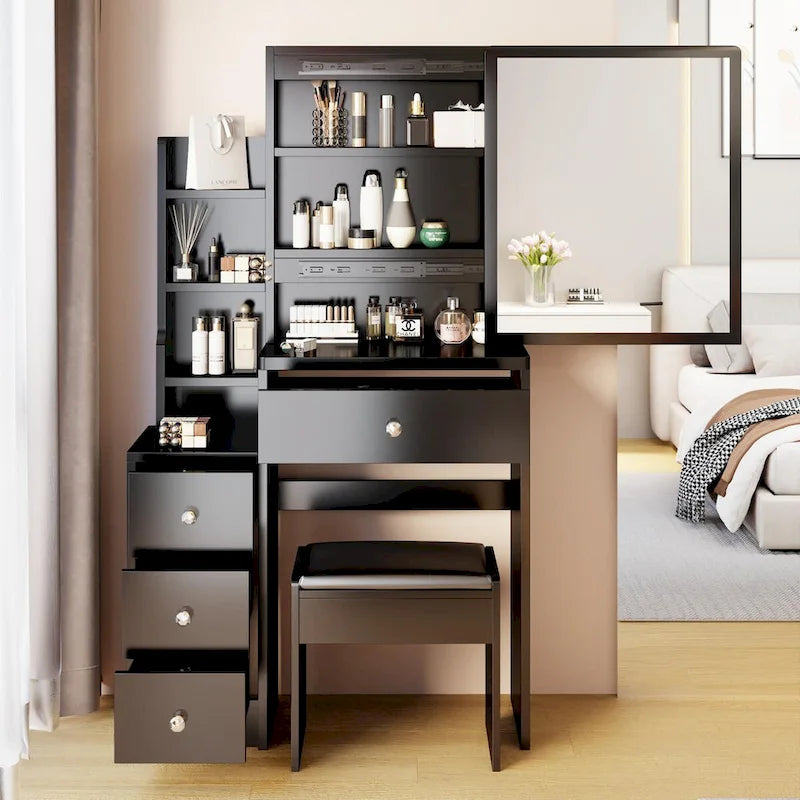 Makeup Vanity Desk Set with Sliding Mirror and Cushioned Stool